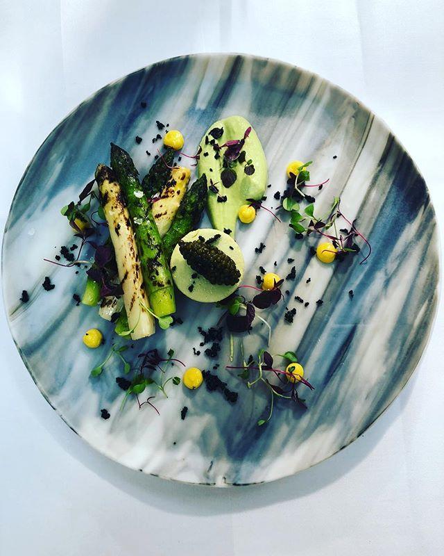 A lovely dish of asparagus and other fresh ingredients at Le Gavroche, one of the best French restaurants in London