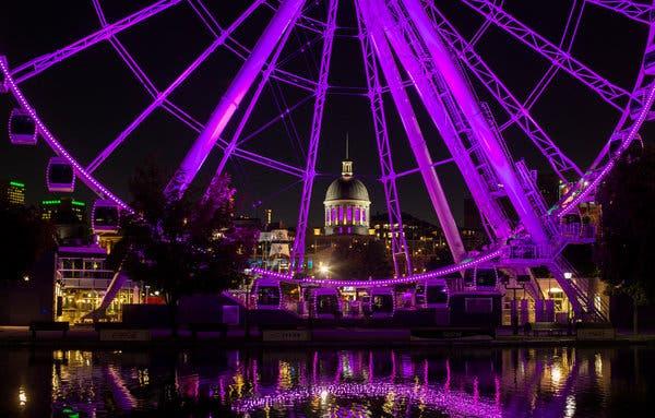 The dome of Bonsecours Market, as seen through Le Grande roue de Montreal, an observation wheel, in Old Montreal.